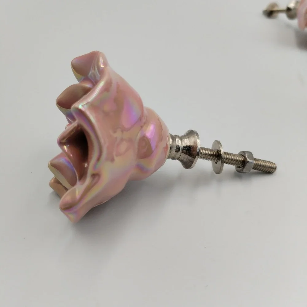 Set of 10 Vintage Pink Iridescent Ceramic Rose Cabinet Knobs Shabby Chic Flower
